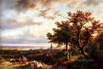 Barend Cornelis Koekkoek Painting - A Panoramic Rhenish Landscape With Peasants Conversing On A Track Barend Cornelis Koekkoek